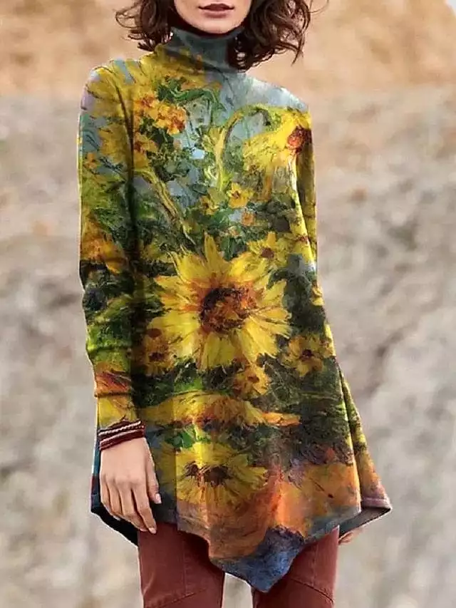 Women's Asymmetrical Leaf Print Turtleneck Long Sleeve T-Shirt for Fall & Winter