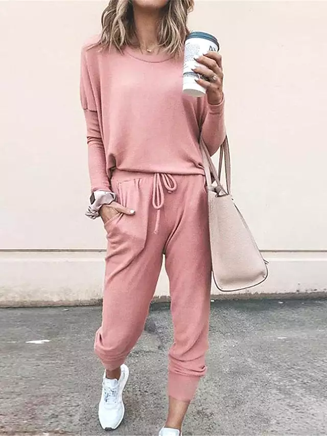 Women's Black and Pink Lounge Set with Long Sleeve Crew Neck Shirt and Elastic Waist Pants