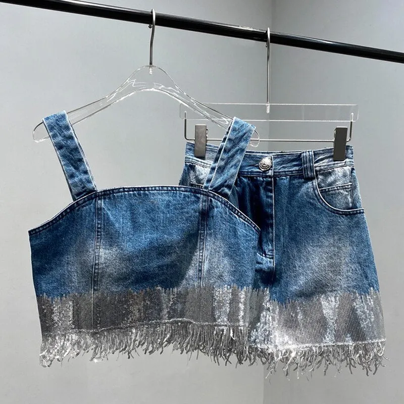 Women's Designer Denim Sequined Tassel Spaghetti Strap Camis Skirt Set