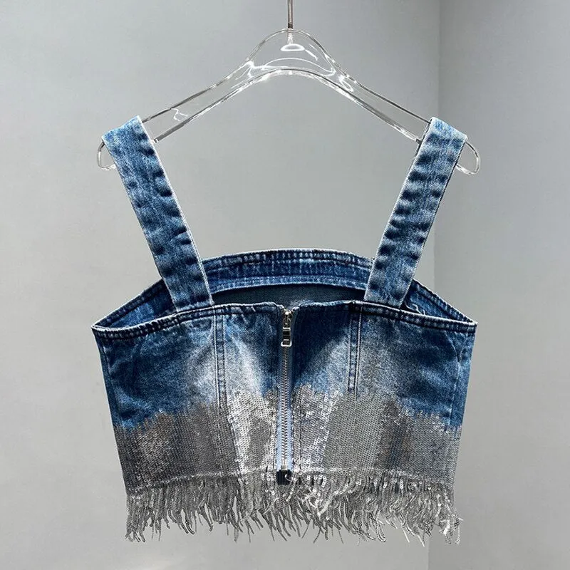 Women's Designer Denim Sequined Tassel Spaghetti Strap Camis Skirt Set