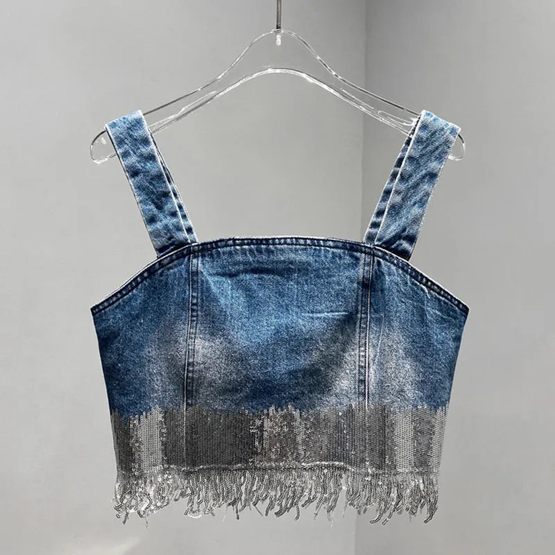 Women's Designer Denim Sequined Tassel Spaghetti Strap Camis Skirt Set