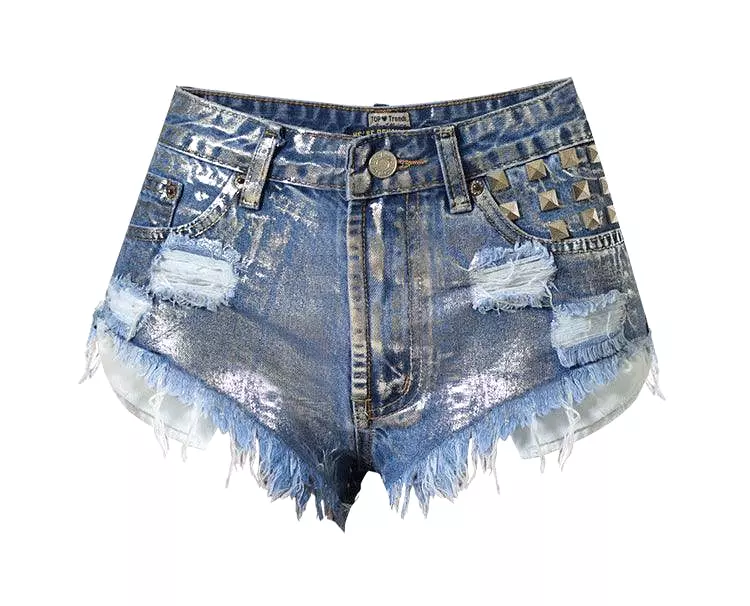 Women's High Waist Slim Frayed Rivets Denim Hot Pants Metal Silver Street Shots Large Size