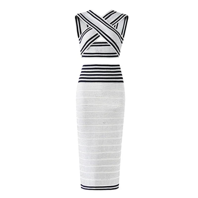 Women's Sexy Block Stripe Cross Bandage Top High Waist Skirt Two-Piece Set