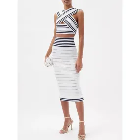 Women's Sexy Block Stripe Cross Bandage Top High Waist Skirt Two-Piece Set