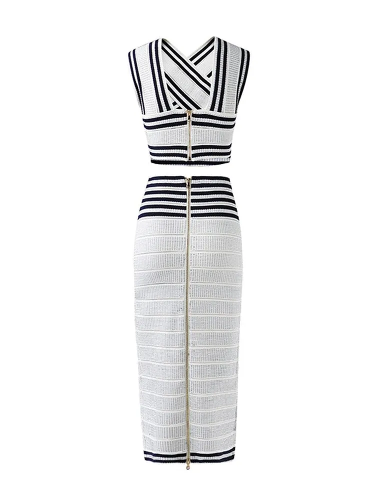 Women's Sexy Block Stripe Cross Bandage Top High Waist Skirt Two-Piece Set