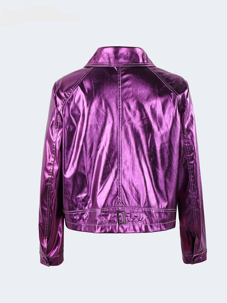 Womens Short Shiny Reflective Patent Pu Leather Jacket Women Motorcycle Jackets