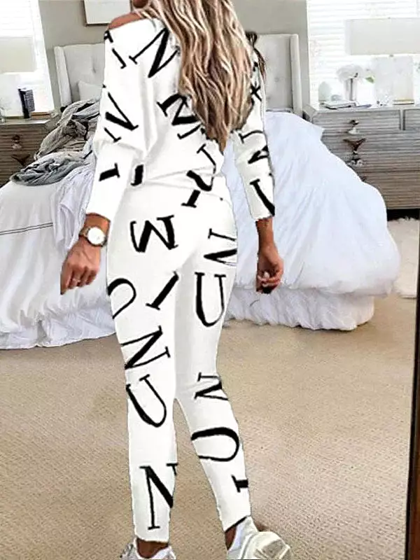 Women's Stylish Black and White Letter Print Lounge Set with Crew Neck Top and Slim Pants