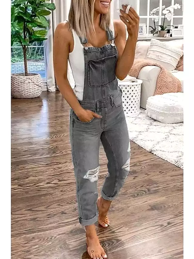 Women's Utility Denim Jumpsuit with Wide Leg Pants in Light Blue and Camouflage Gray Solid Color