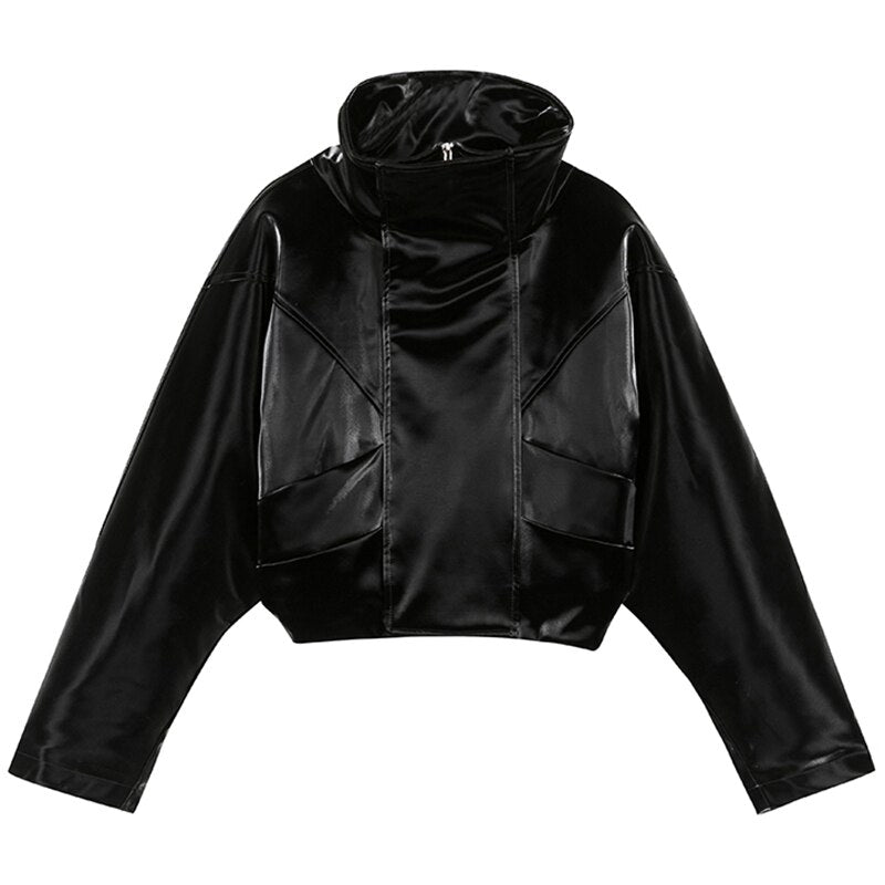 Zip Up Short Shiny Patent Leather Jacket Women